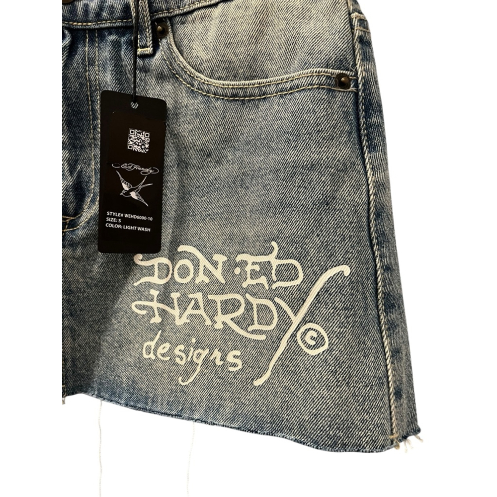 Ed Hardy NWT Love Kills Slowly Size Small Denim Jean Mini Skirt Skull Heart Blue - Picture 4 of 10